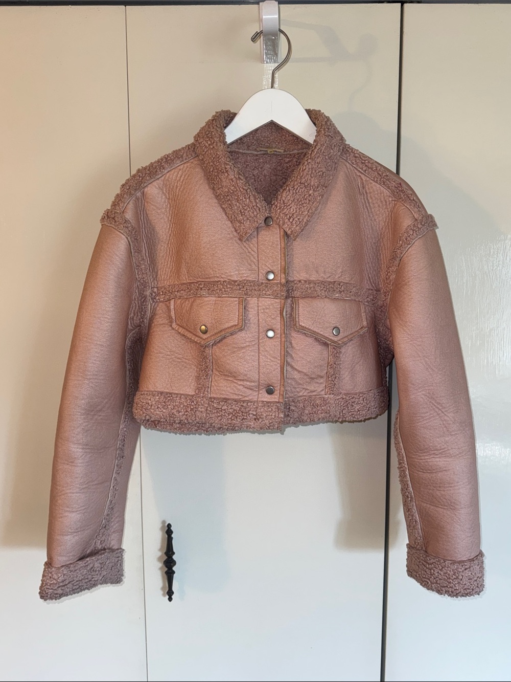 Cropped Pink Faux-Shearling Jacket